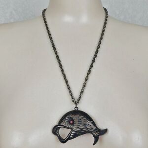 Vtg JJ Jonette Large Pewter Fish Pendant Necklace Open Mouth Red Rhinestone Eye